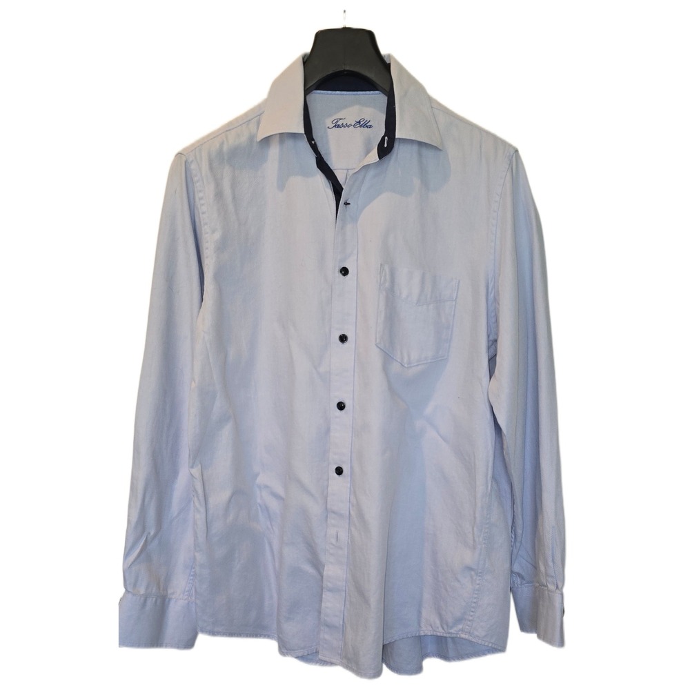 Tasso Elba Mens Light Blue Micro Stripe Button Down Shirt Navy Trim Long Sleeve
